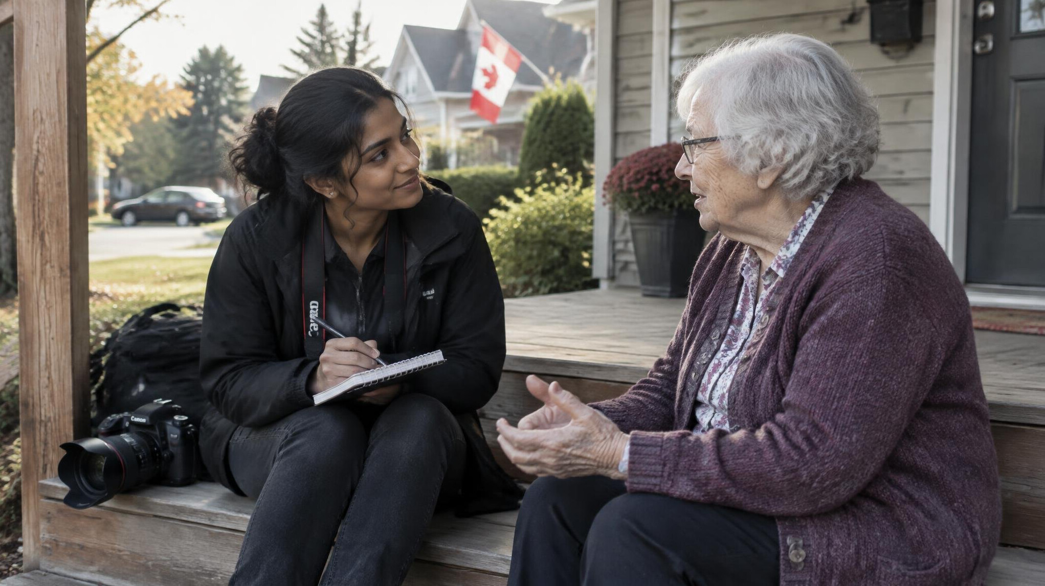 Photographer interviewing an elderly woman on her front porch