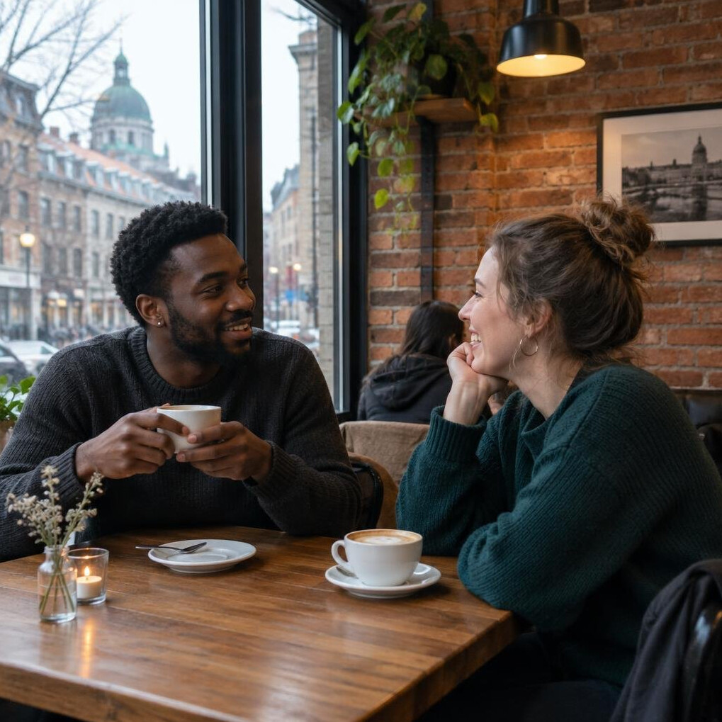 People chatting over coffee in a neighborhood cafe