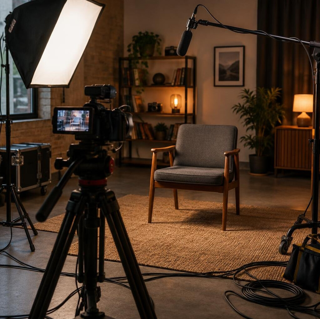 Documentary video interview setup with camera and lighting