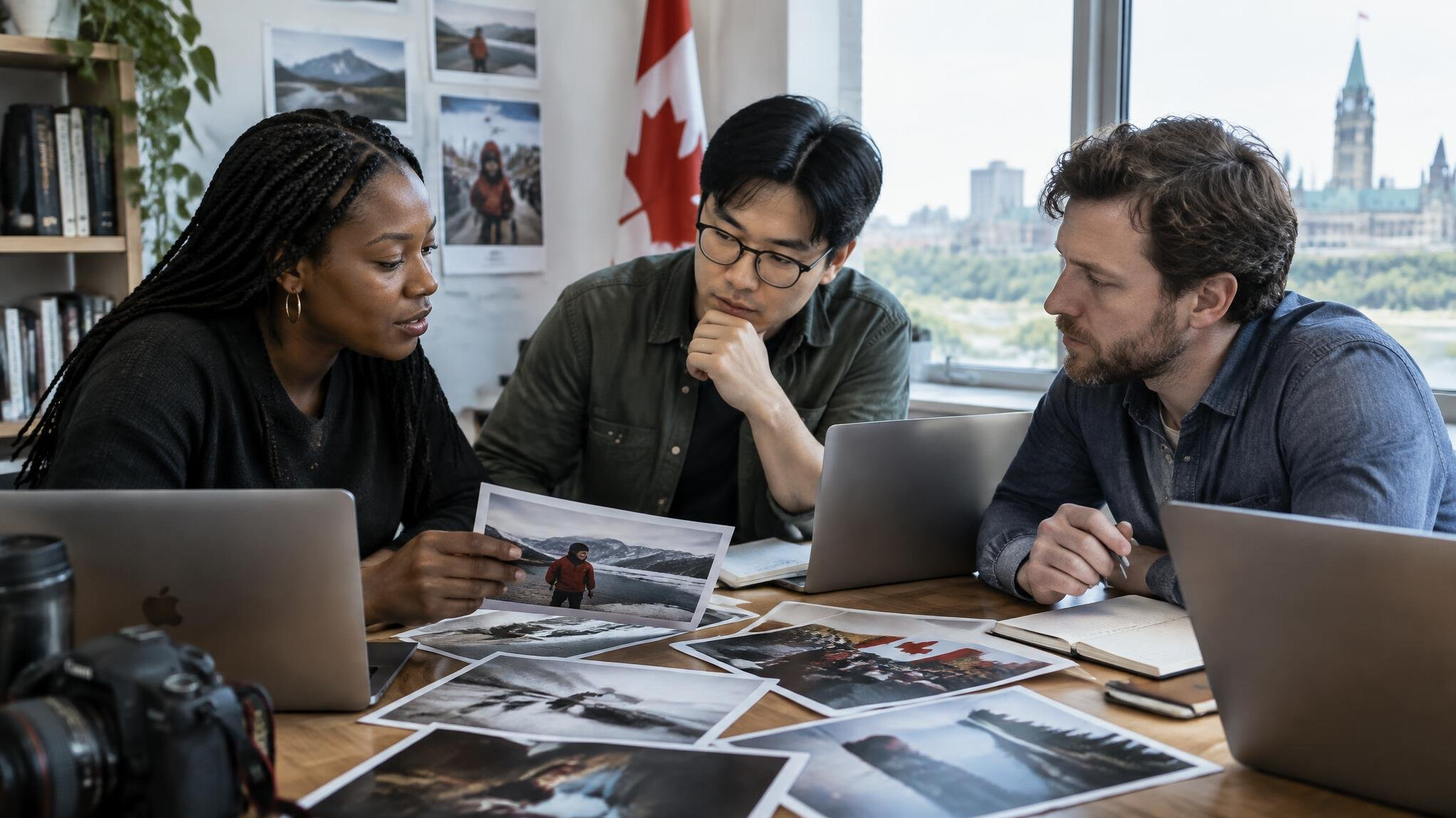 Small editorial team reviewing photographs together at a table