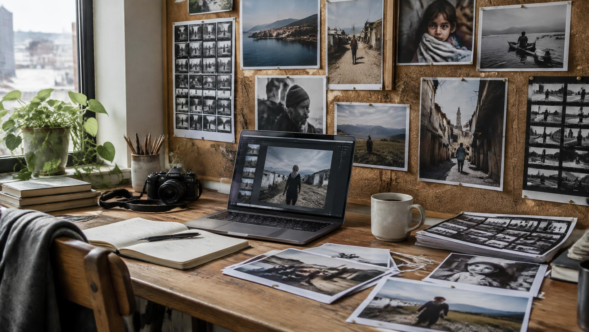 Editorial workspace with printed photographs pinned to a wall