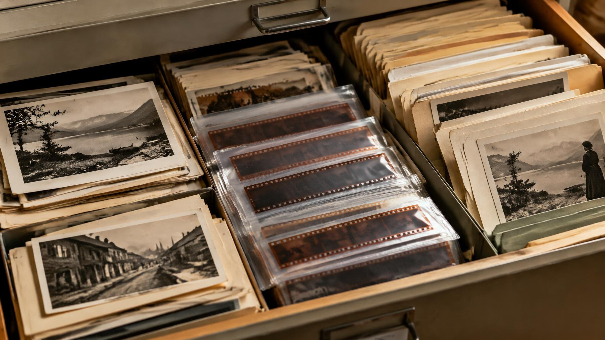 Archive drawer of printed photographs and negatives