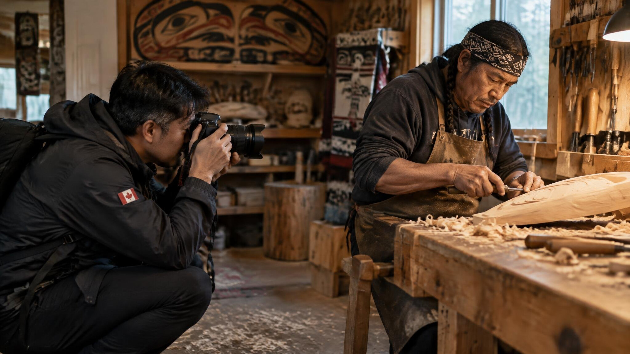 Photographer taking a portrait of a man in a workshop