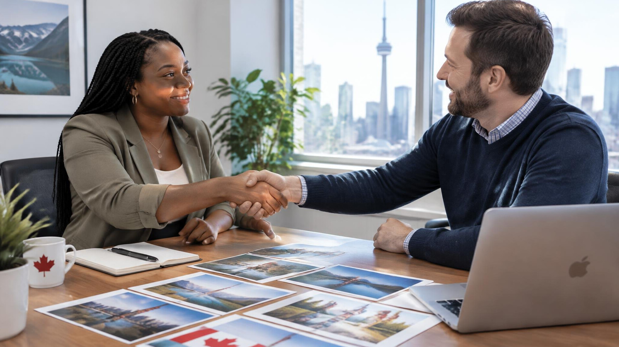 Two people shaking hands across a meeting table with documents