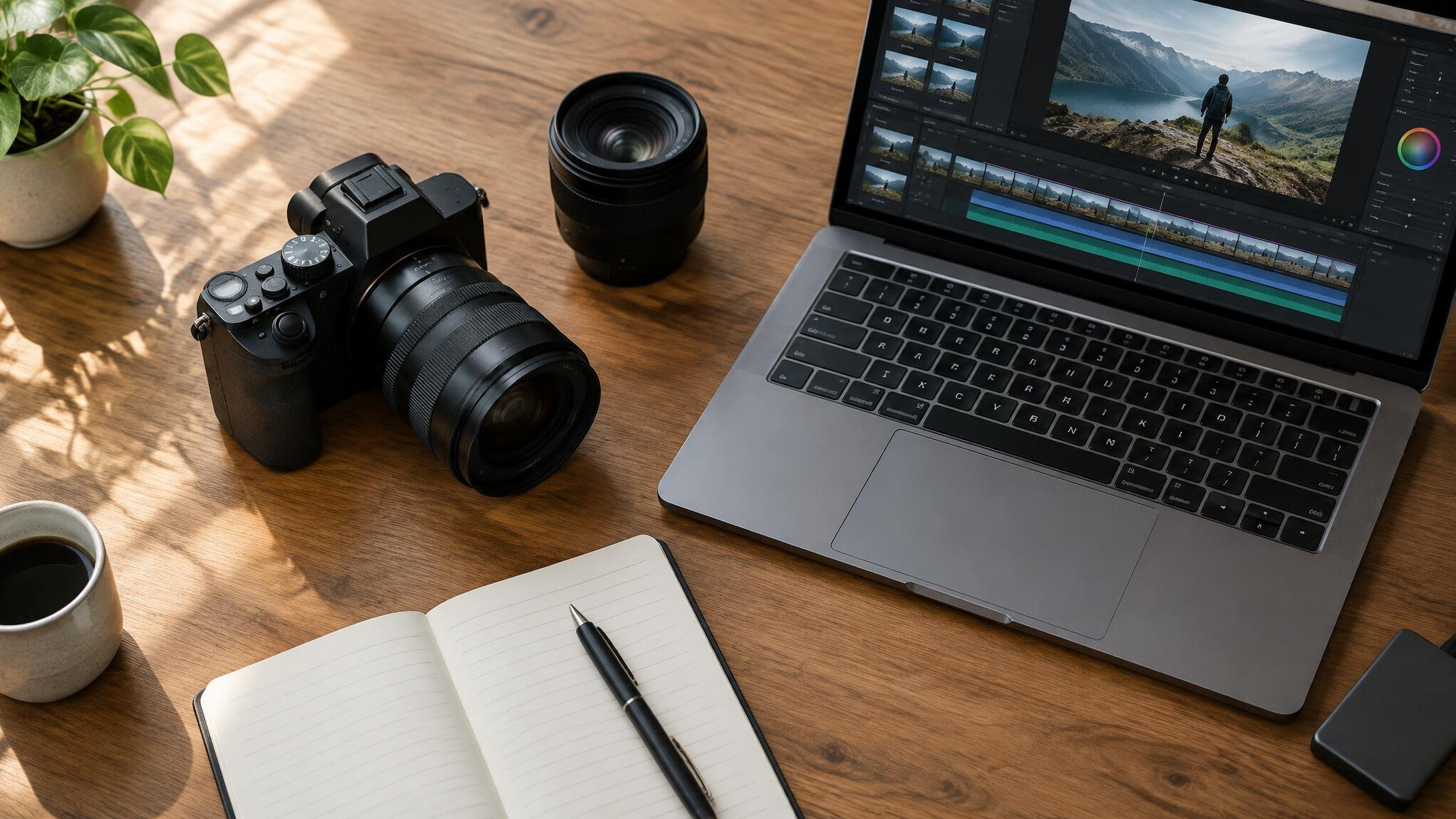 Camera, lenses and laptop arranged on a production desk