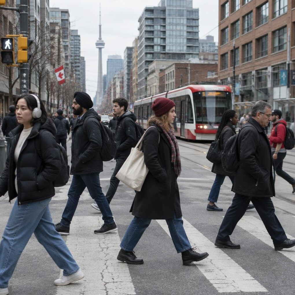 Pedestrians at a busy crosswalk in a Canadian downtown core