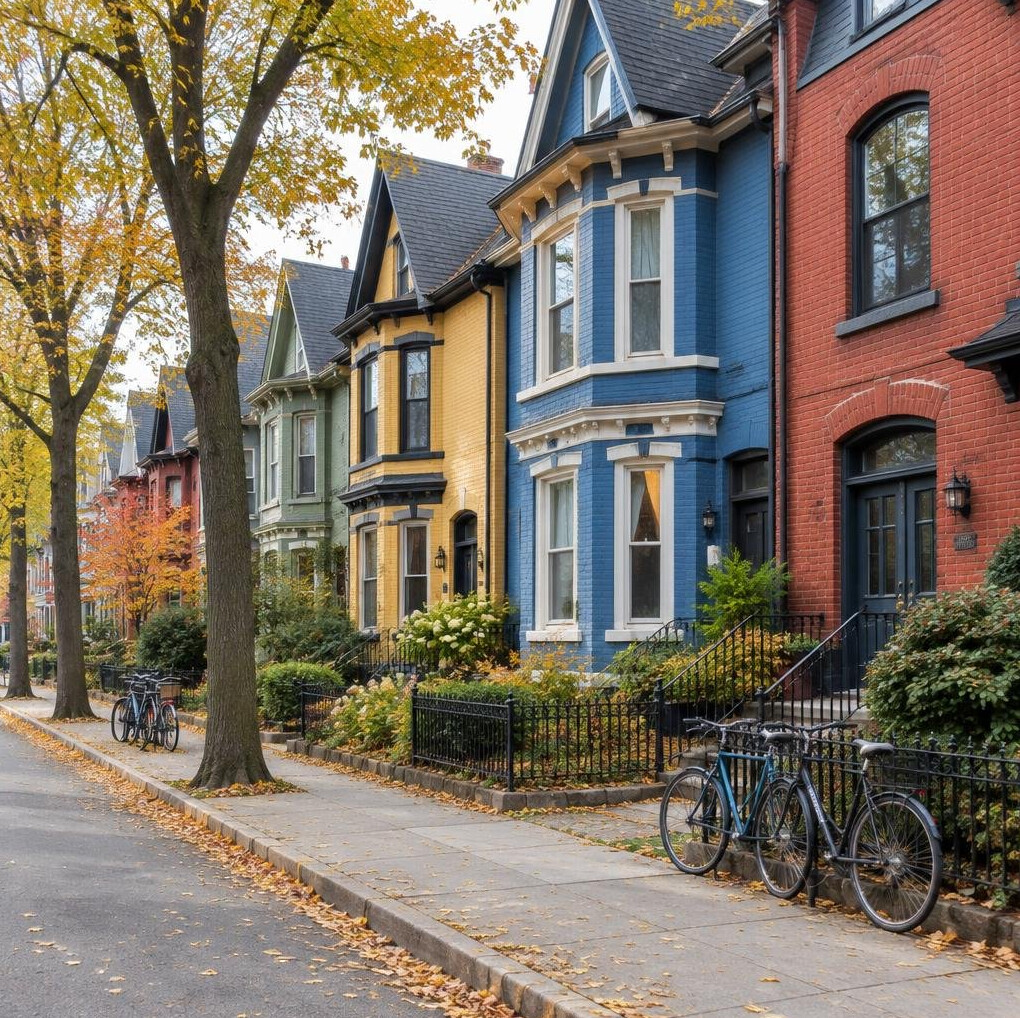 Row of colourful heritage houses on a residential street